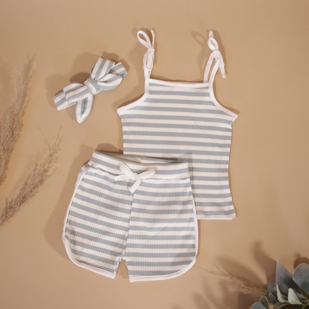 Striped Tie Shoulder Three Piece Set Blue Toddler